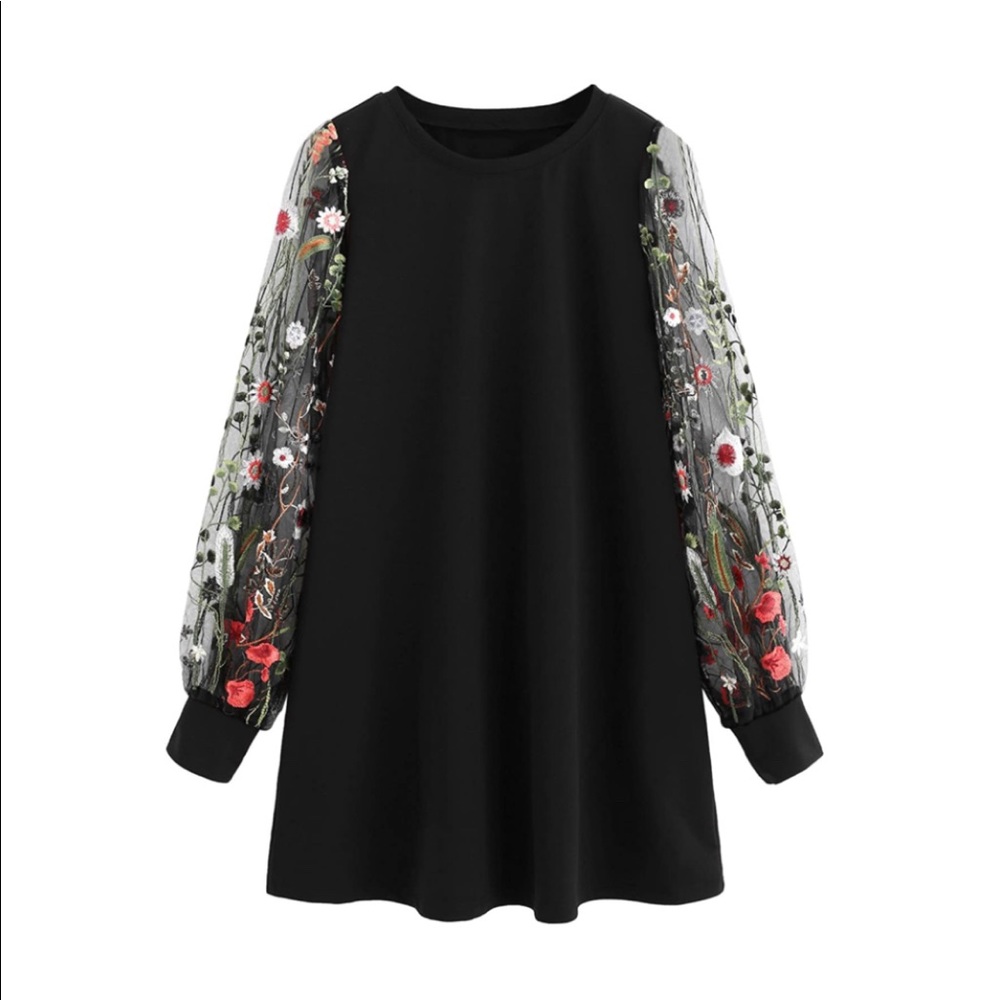 Black Dress Mesh Embroidered Floral Sleeves
